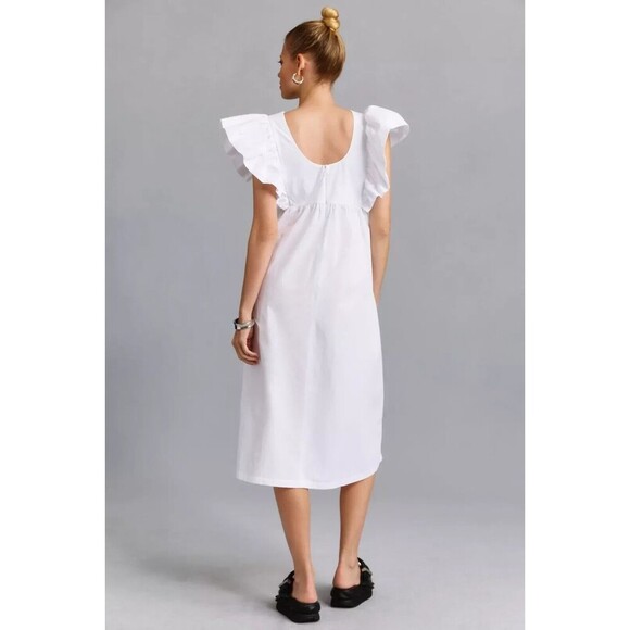 Maeve White Midi Dress Flutter Sleeves V Neckline Empire Waist Romantic Size L - Picture 2 of 9